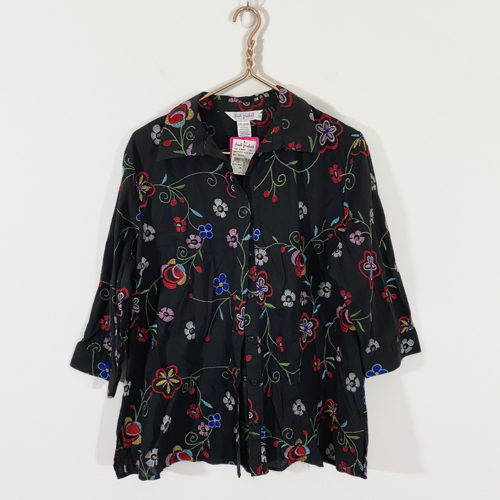 Fresh Produce NWT 1X Black Multicolor Floral Embroidered Button‎ Down Blouse Top